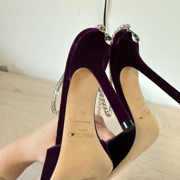 Jimmy Choo Saeda 100 Sandals Dark Purple Velvet Crystal Strap Square Toe Sz 40 - Picture 10 of 10